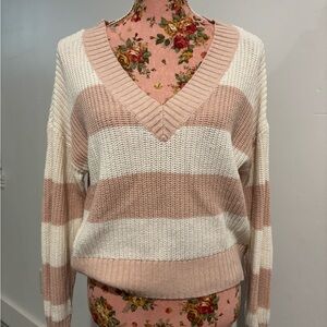 Striped V-Neck Sweater in Pink and White